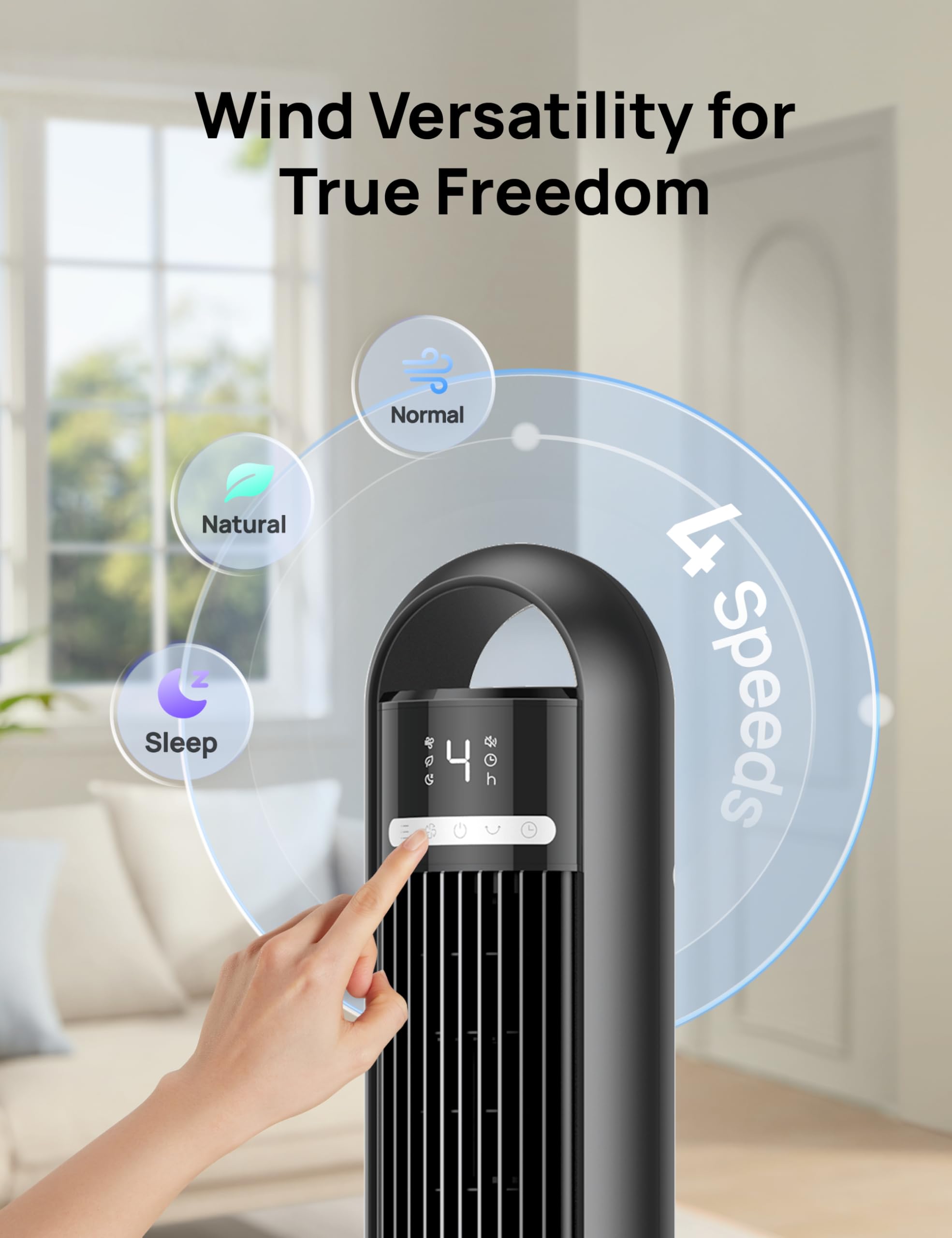 DREO Tower Fan reaches across a room up to 33 feet
