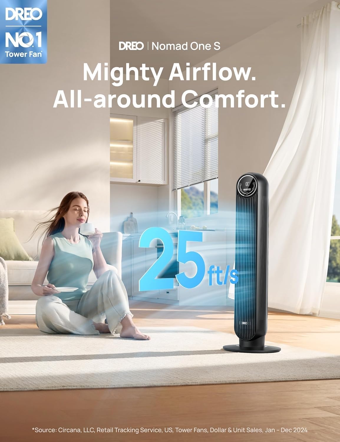 DREO smart tower fan controllable via app and voice assistant for hands-free comfort.