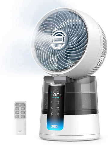 DREO TurboCool Misting Fan front view delivering compact desk cooling