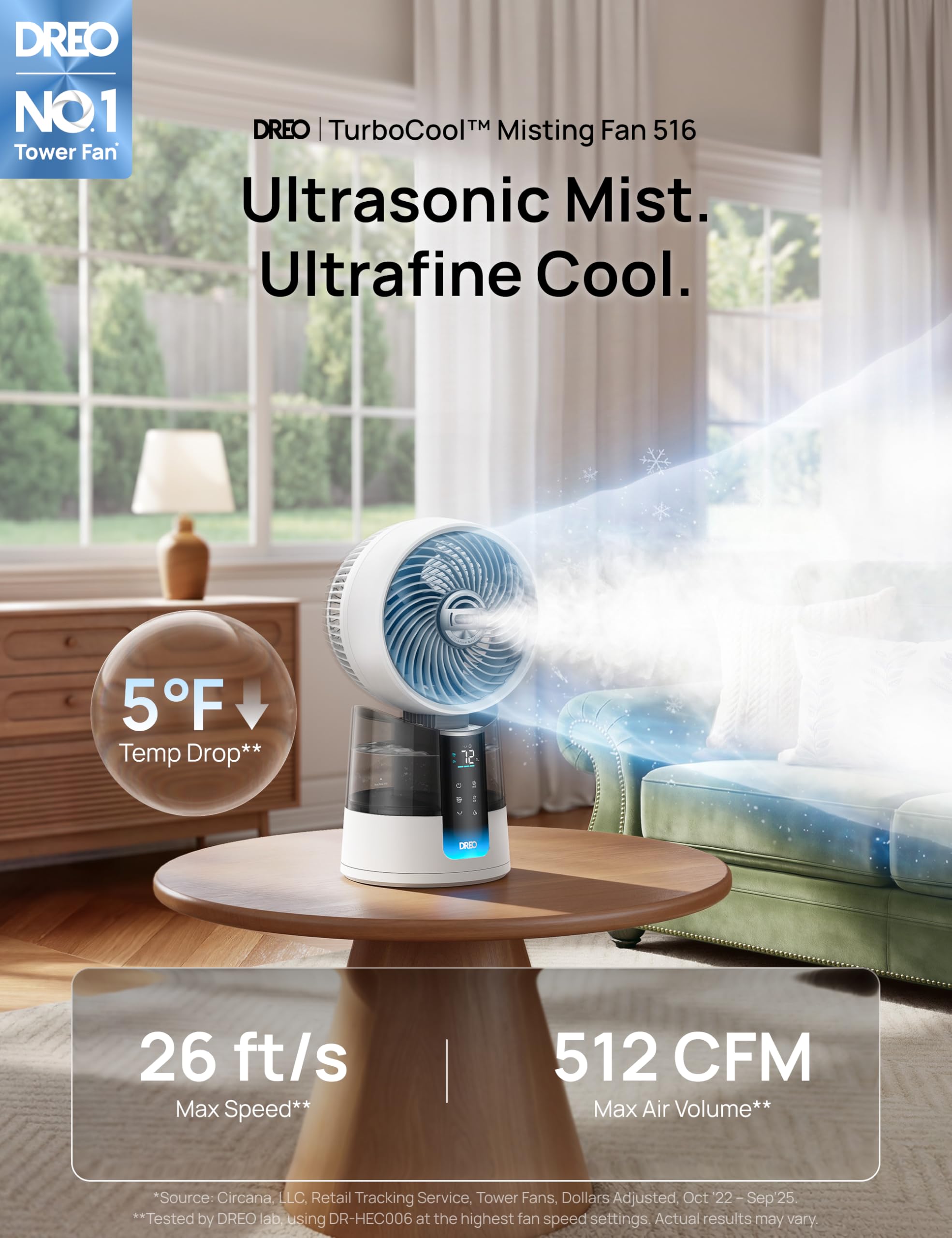 DREO TurboCool Misting Fan side view highlighting slim design