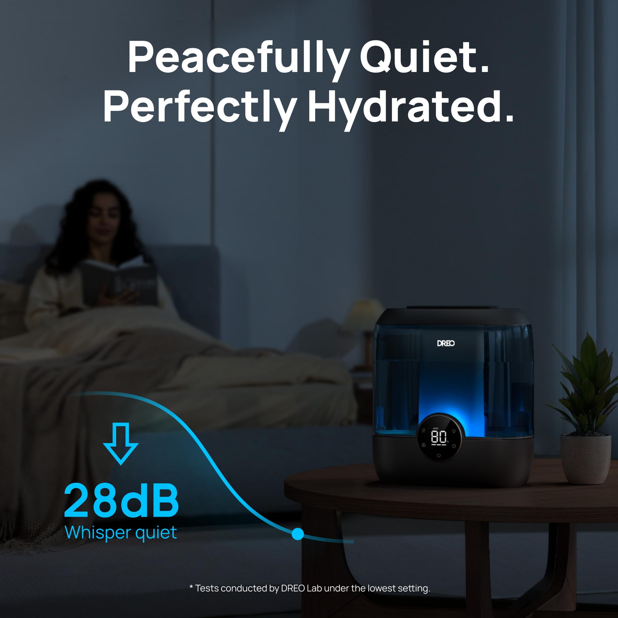 DREO ultra-quiet humidifier provides a peaceful night with ambient light.