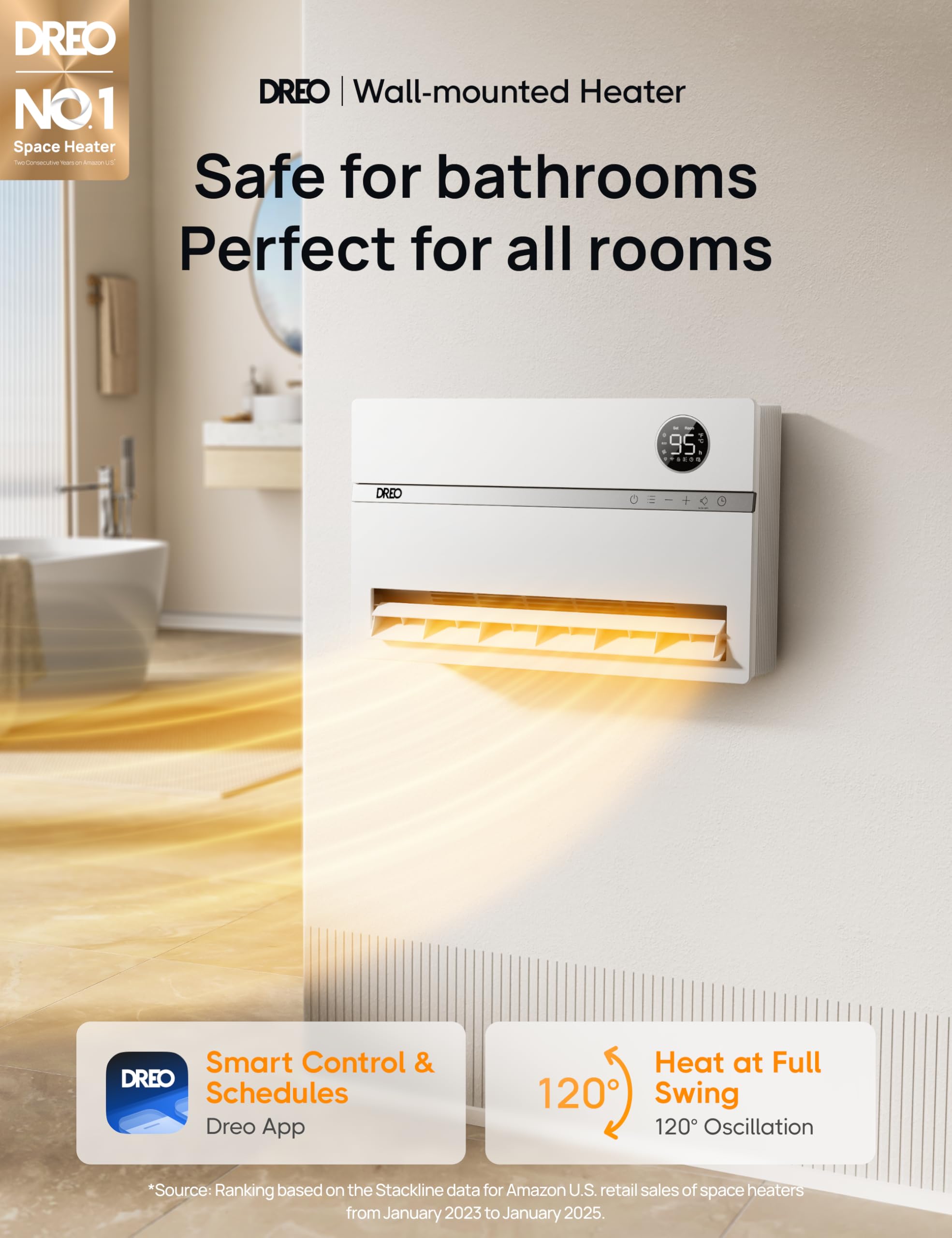 DREO wall heater uses PTC ceramics for fast, efficient warmth.
