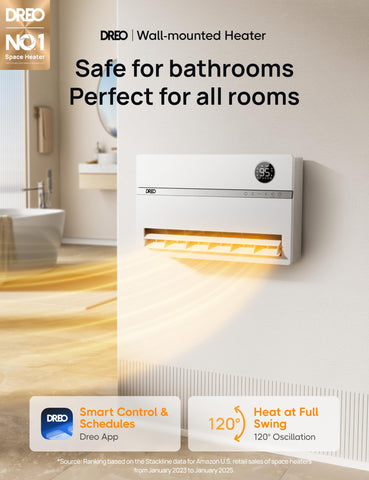 DREO wall heater uses PTC ceramics for fast, efficient warmth.