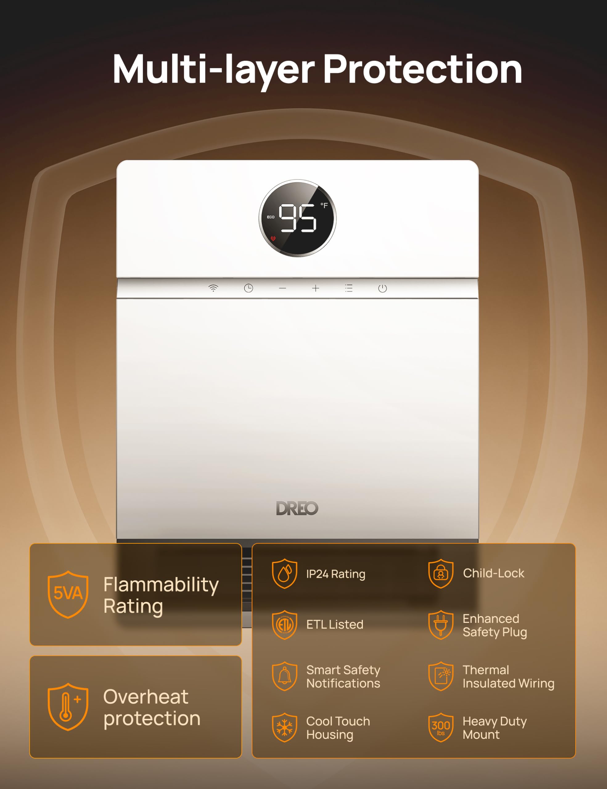 DREO wall heater IP24 rating adds splash resistance for reliable placement