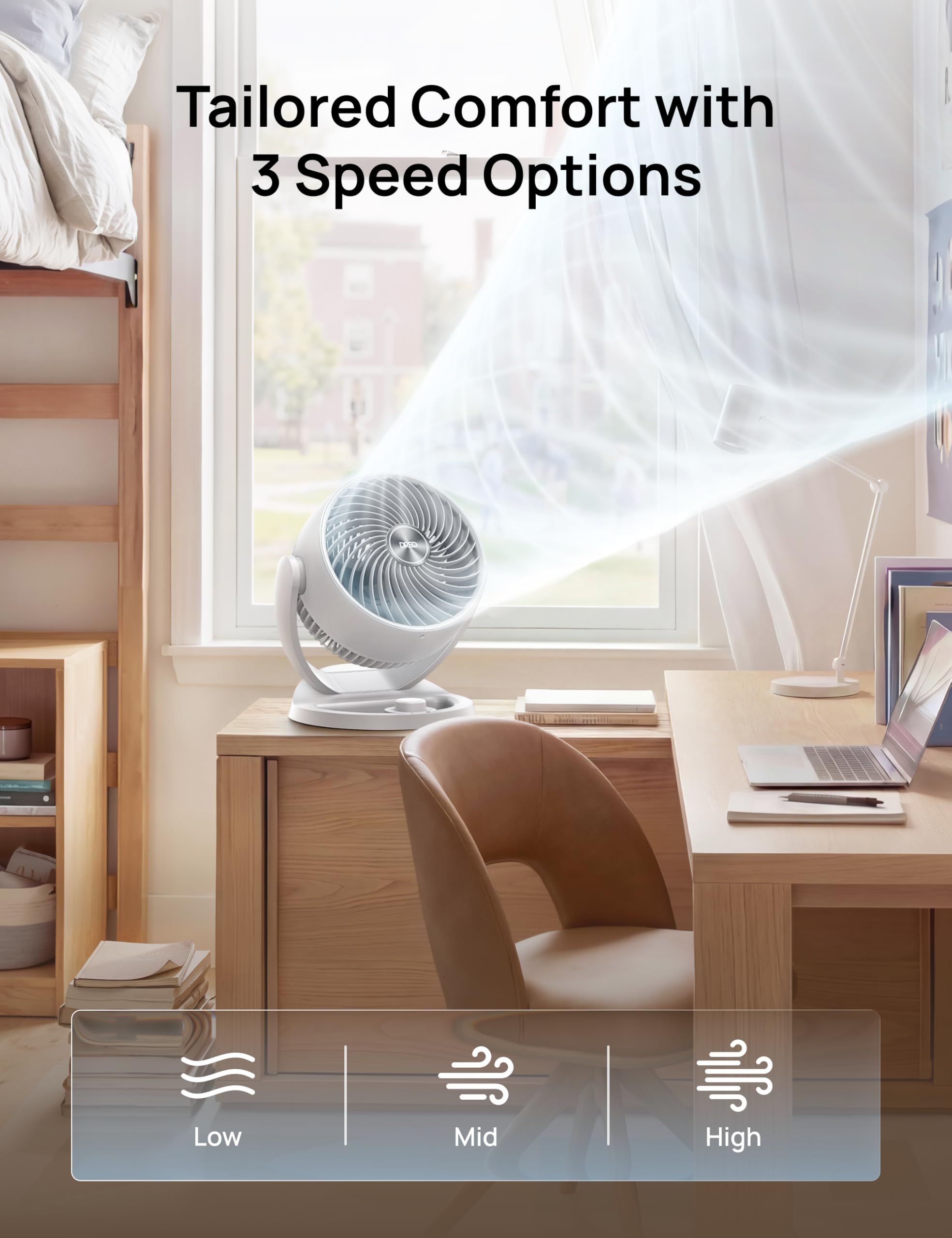 Dreo WingBoost blades generate airflow reaching distant corners of the room.