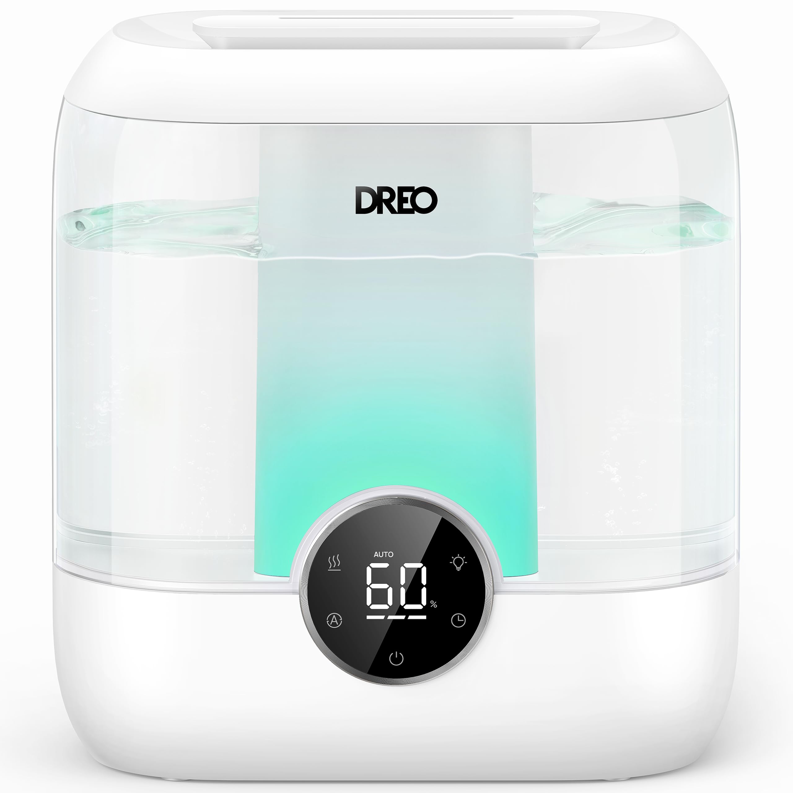 DREO humidifier in bedroom with a 6L tank delivering extended moisture for large spaces