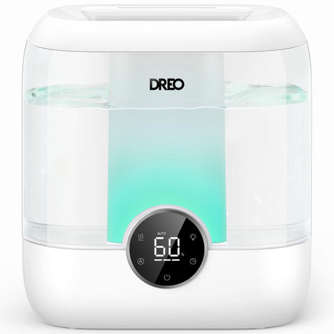 DREO humidifier in bedroom with a 6L tank delivering extended moisture for large spaces