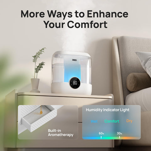 DREO humidifier operates quietly at 28 dB for undisturbed nights