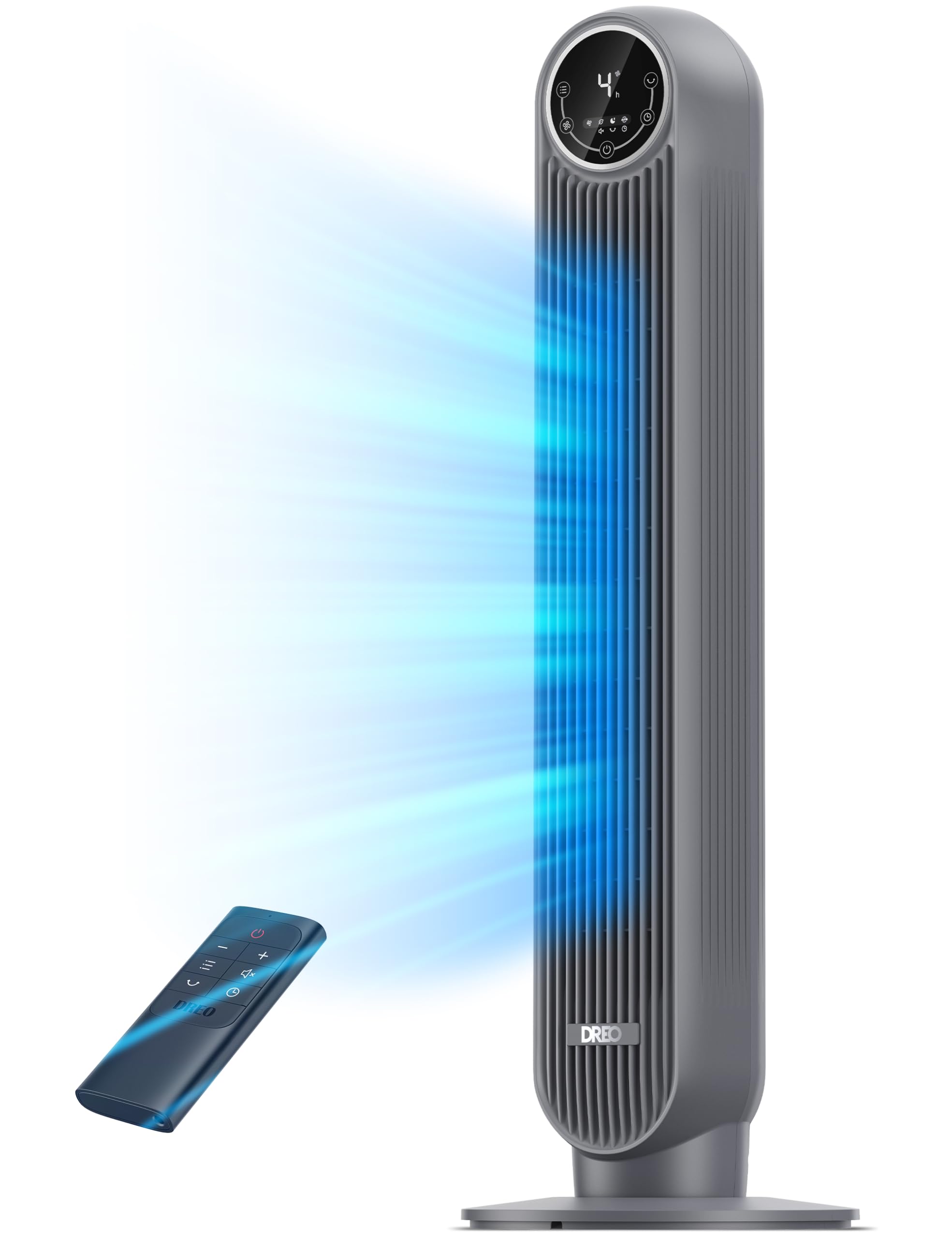 DREO tower fan in a compact bedroom setup delivering quick cooling