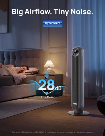 DREO tower fan running quietly for restful sleep