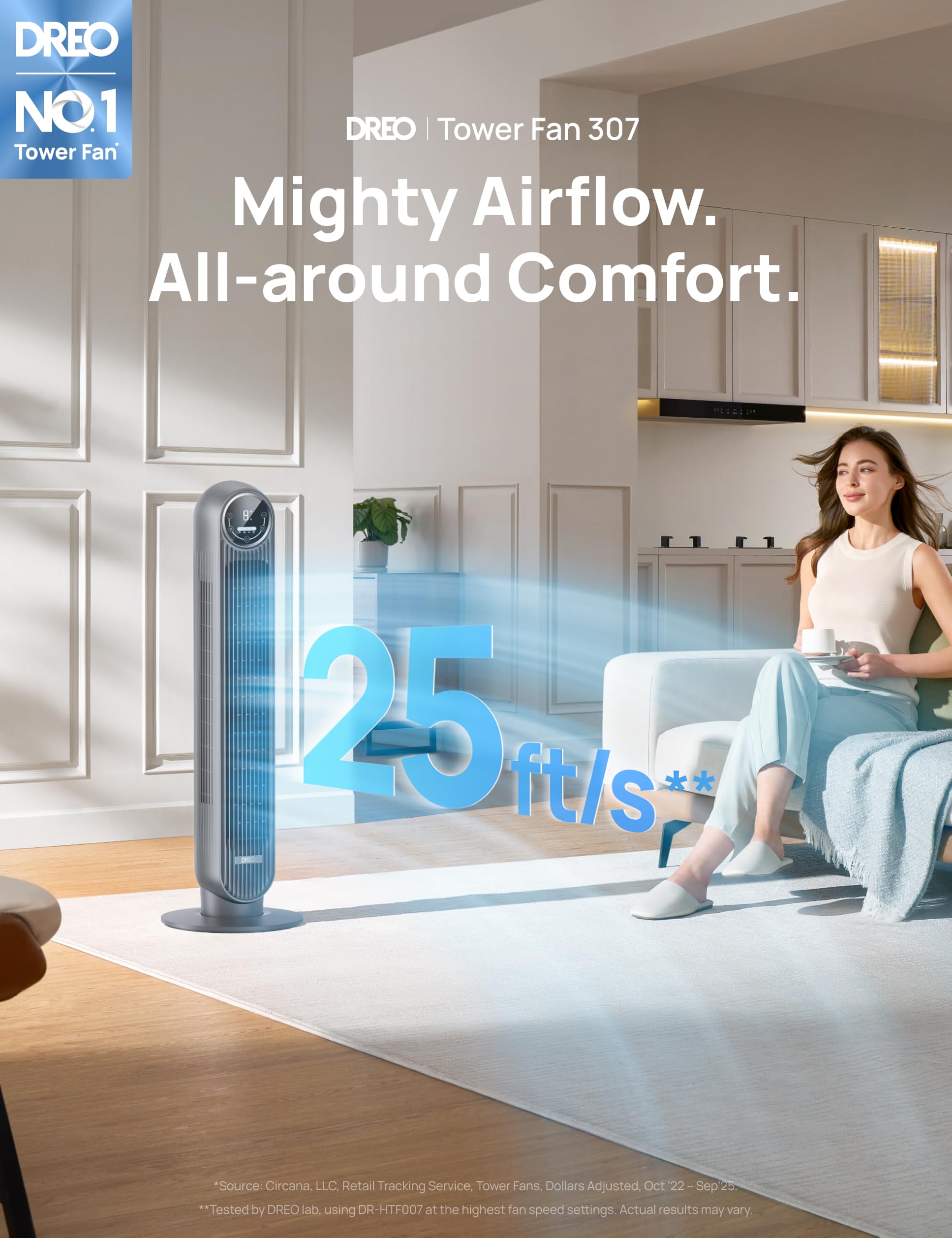 DREO tower fan with remote control for easy speed adjustments