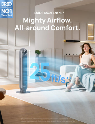 DREO tower fan with remote control for easy speed adjustments