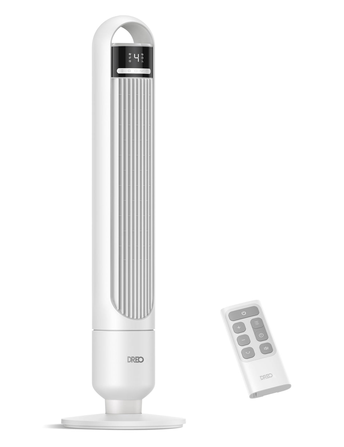 DREO Tower Fan bedroom angled view, wide air reach for quick cooling.