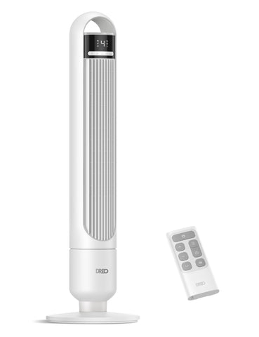 DREO Tower Fan bedroom angled view, wide air reach for quick cooling.