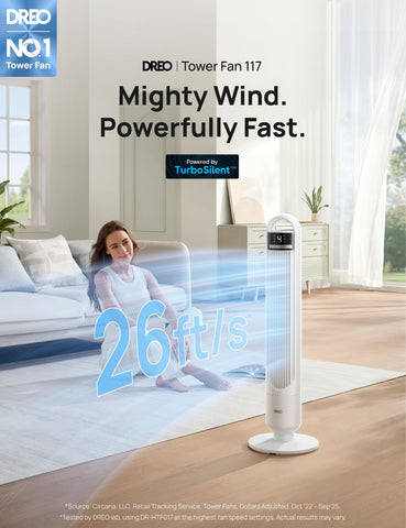 DREO Tower Fan control panel close-up—3 modes and 4 speeds at hand.