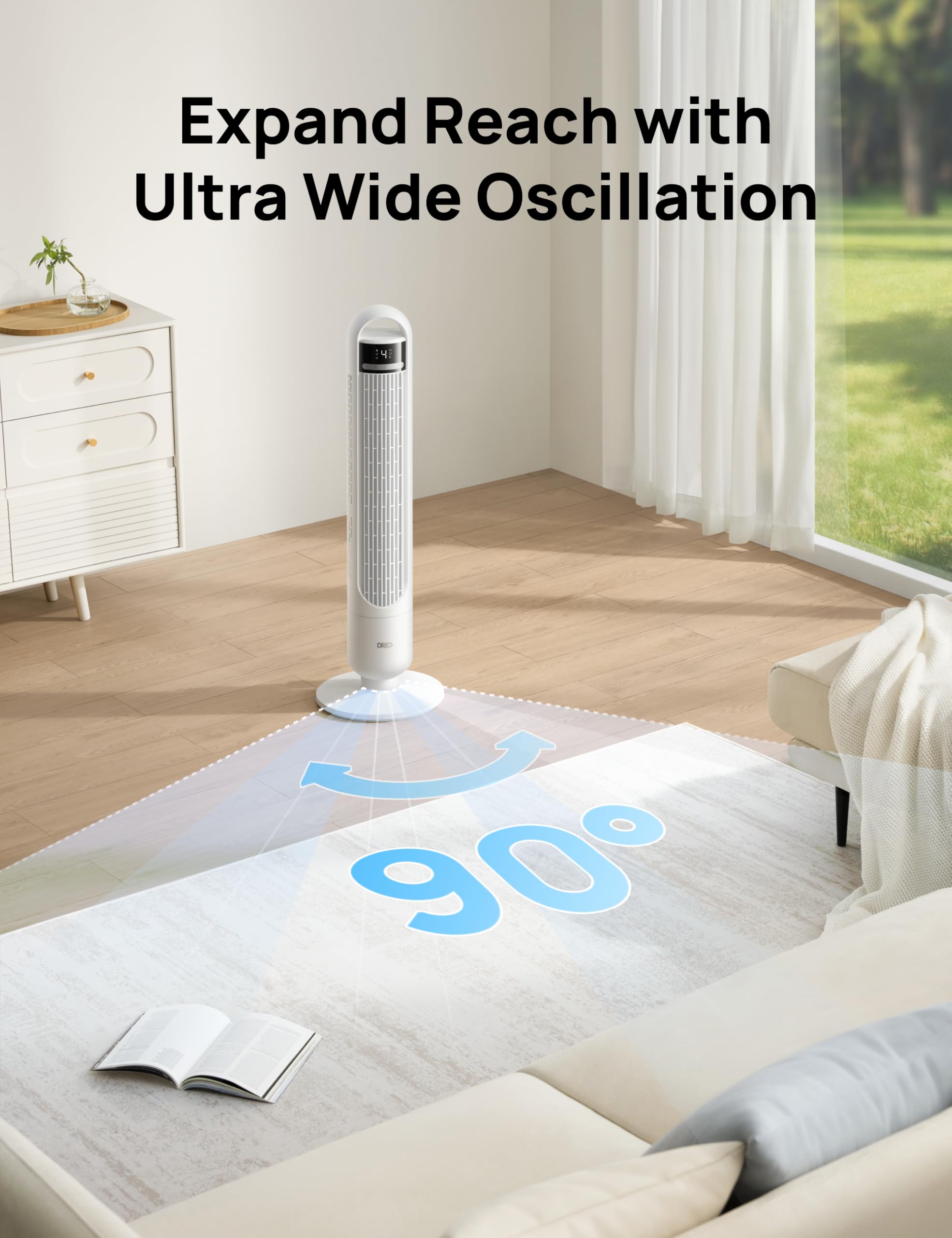DREO Tower Fan in living room setup—compact design saves space while cooling.