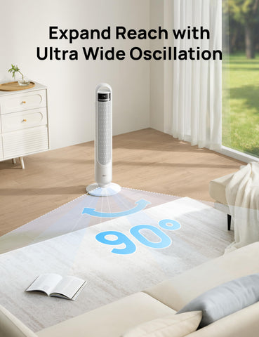 DREO Tower Fan in living room setup—compact design saves space while cooling.