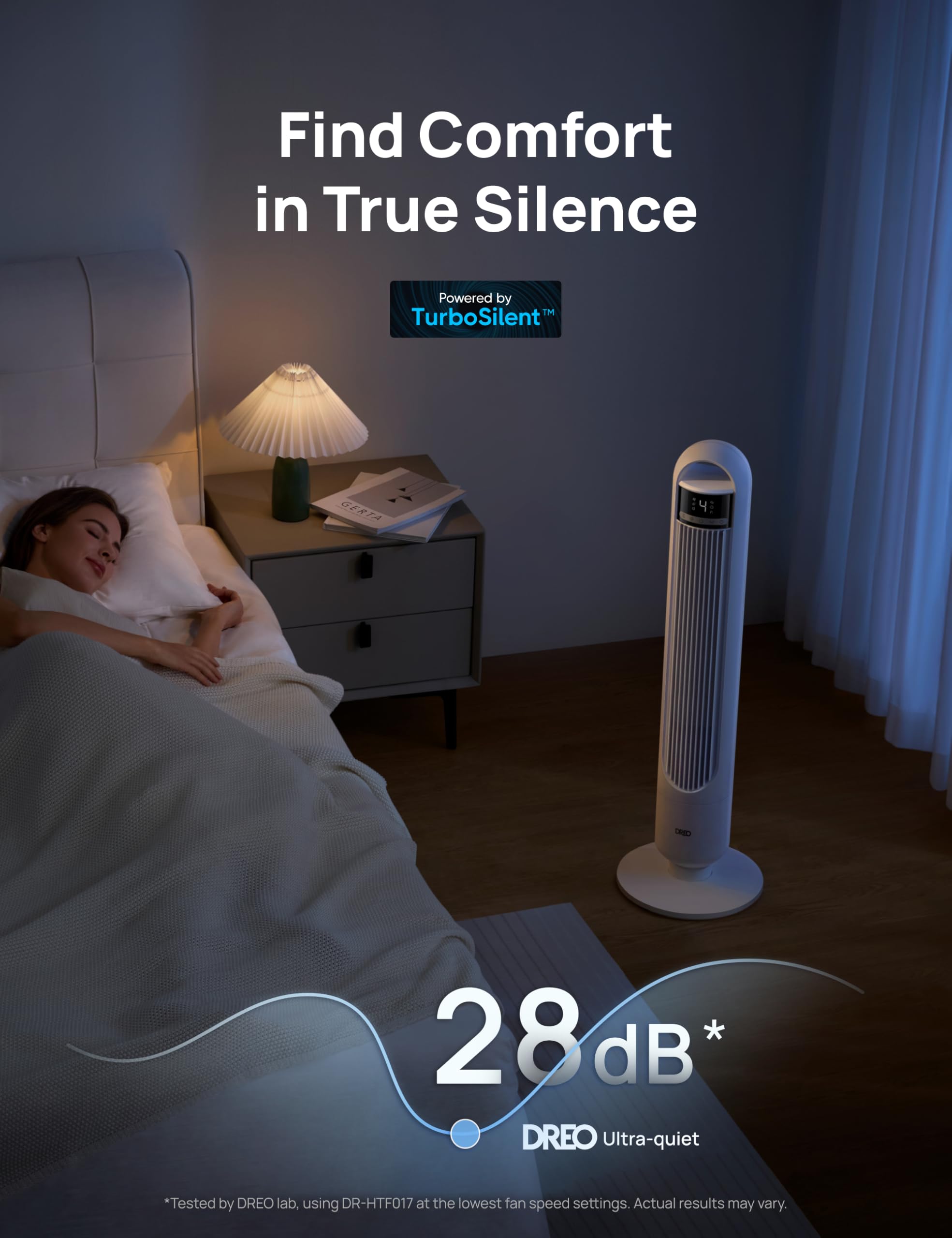 DREO Tower Fan oscillation 90 degrees—even airflow across living room.