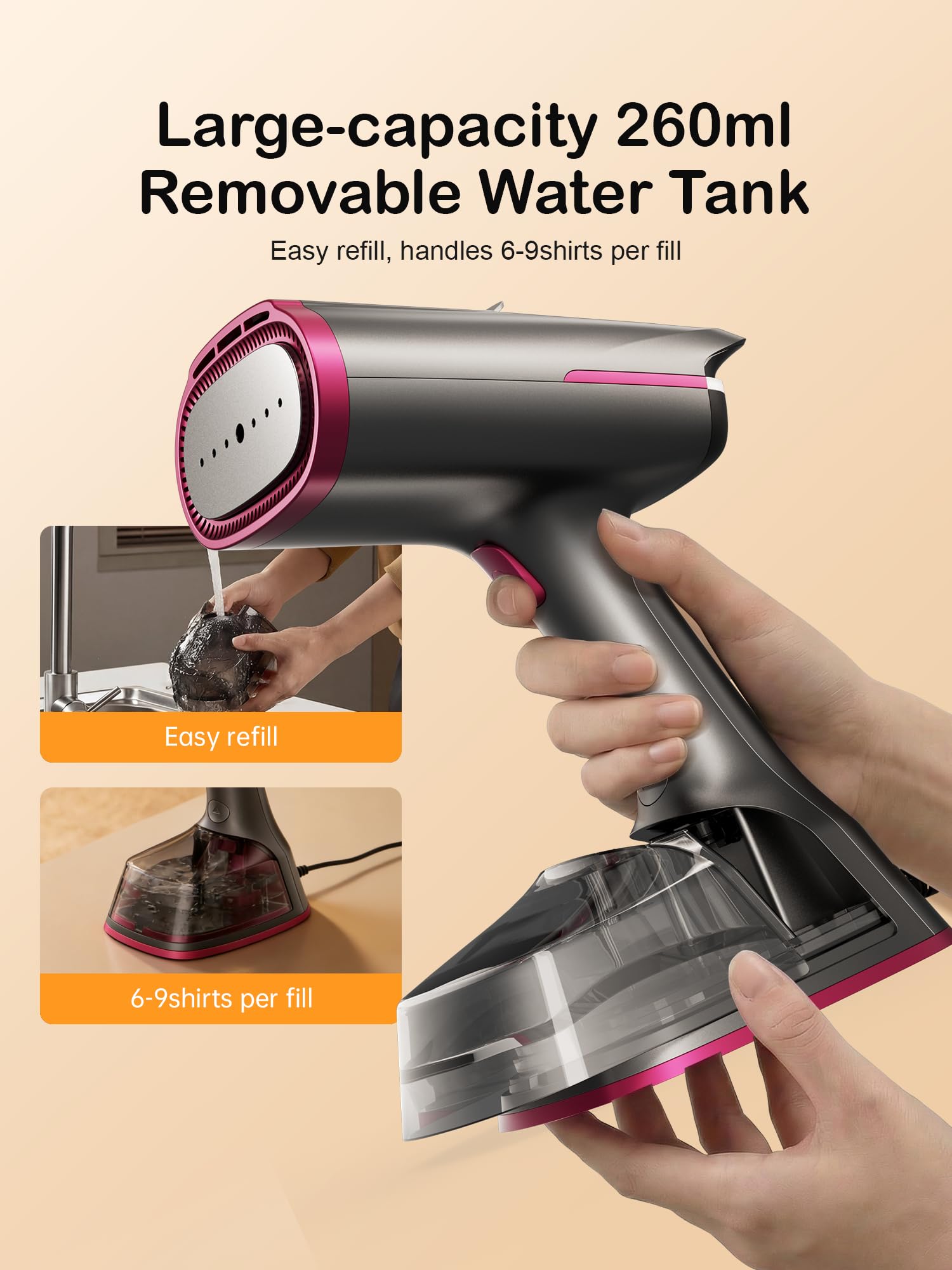 DRFLASH 270ml water tank enables continuous steam for multiple garments.