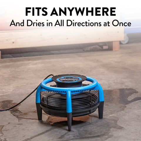 Dri-Eaz Dri-Pod Pro's 360-degree outlet grill directs air for full floor coverage.