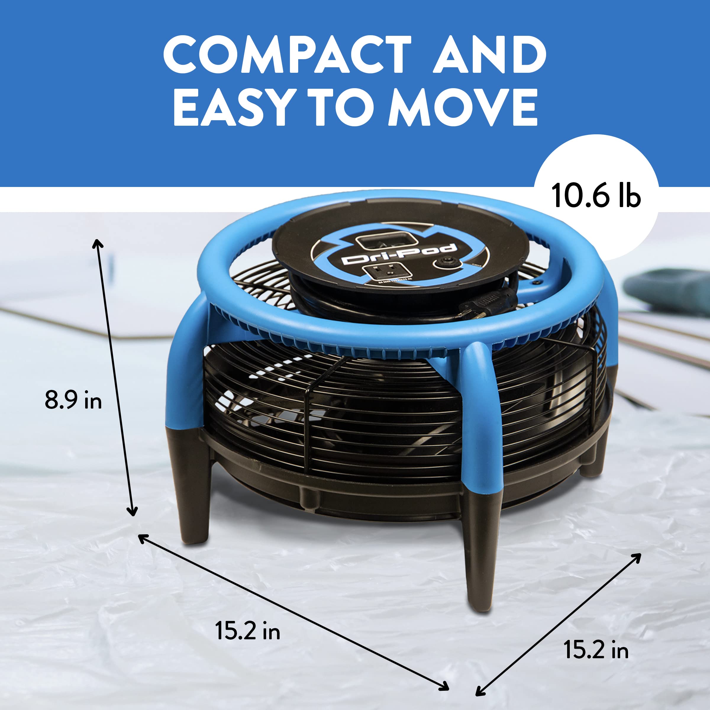 Dri-Eaz Dri-Pod Pro is a portable floor drying fan, easy to move between sites.
