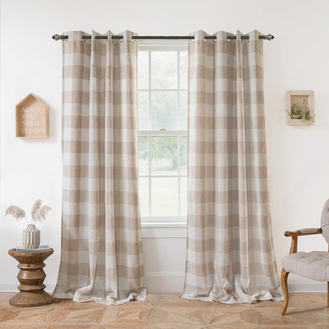 DriftAway buffalo plaid curtains close-up shows taupe color and textured weave