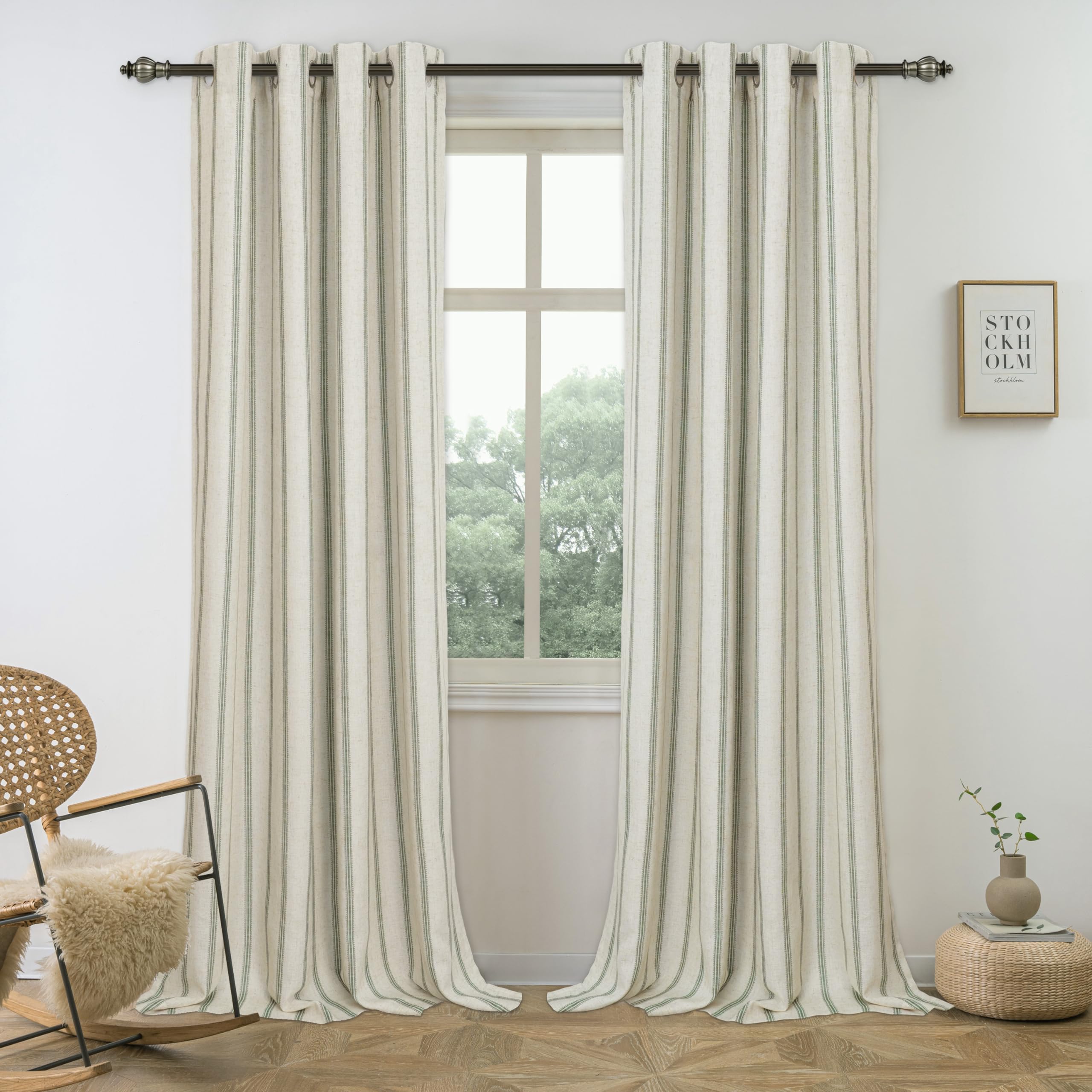 DriftAway Farmhouse linen striped loden-green panels frame a window with soft light