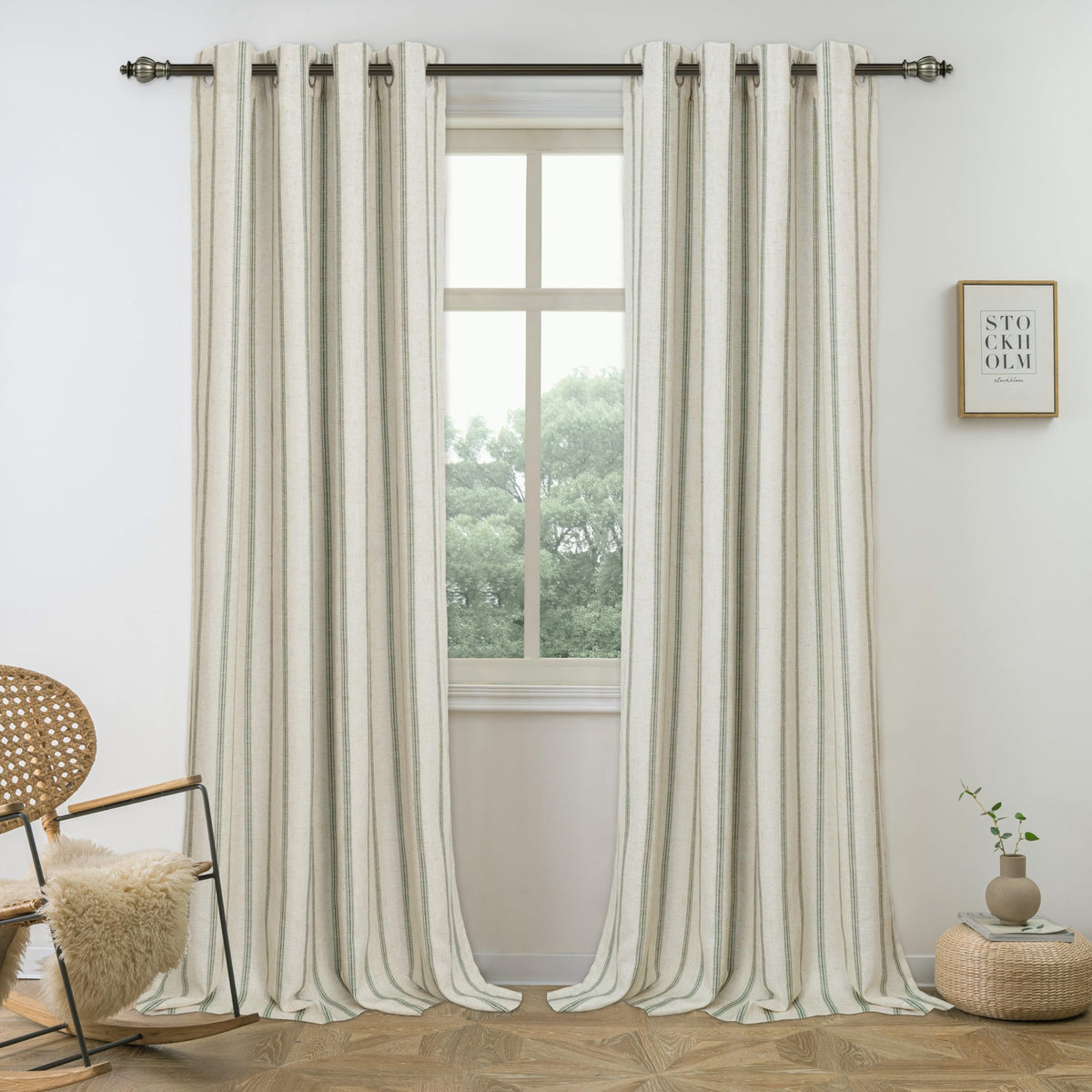 DriftAway Farmhouse linen striped loden-green panels frame a window with soft light