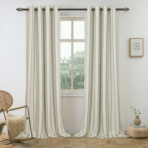 DriftAway Farmhouse linen striped loden-green panels frame a window with soft light