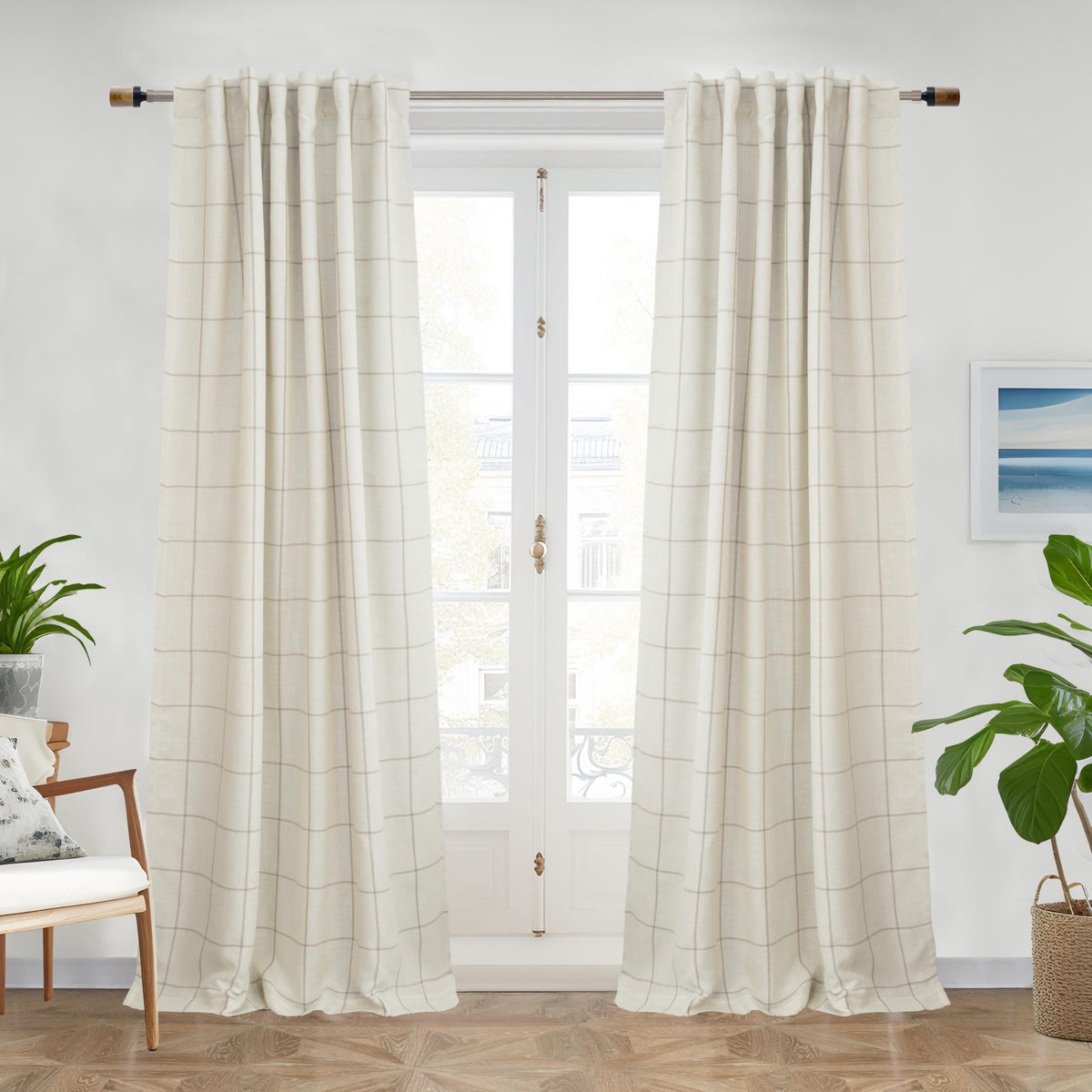 DriftAway windowpane plaid linen curtains, 84-inch length, add timeless texture and privacy.