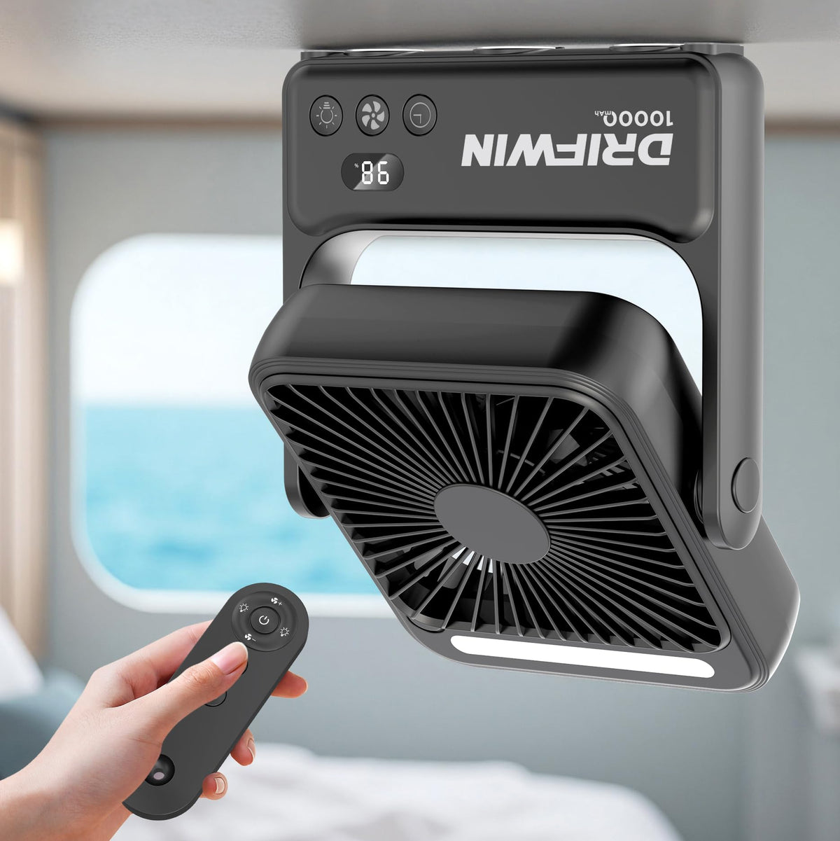 DRIFWIN magnetic base attaches to cabin surfaces for stable airflow.
