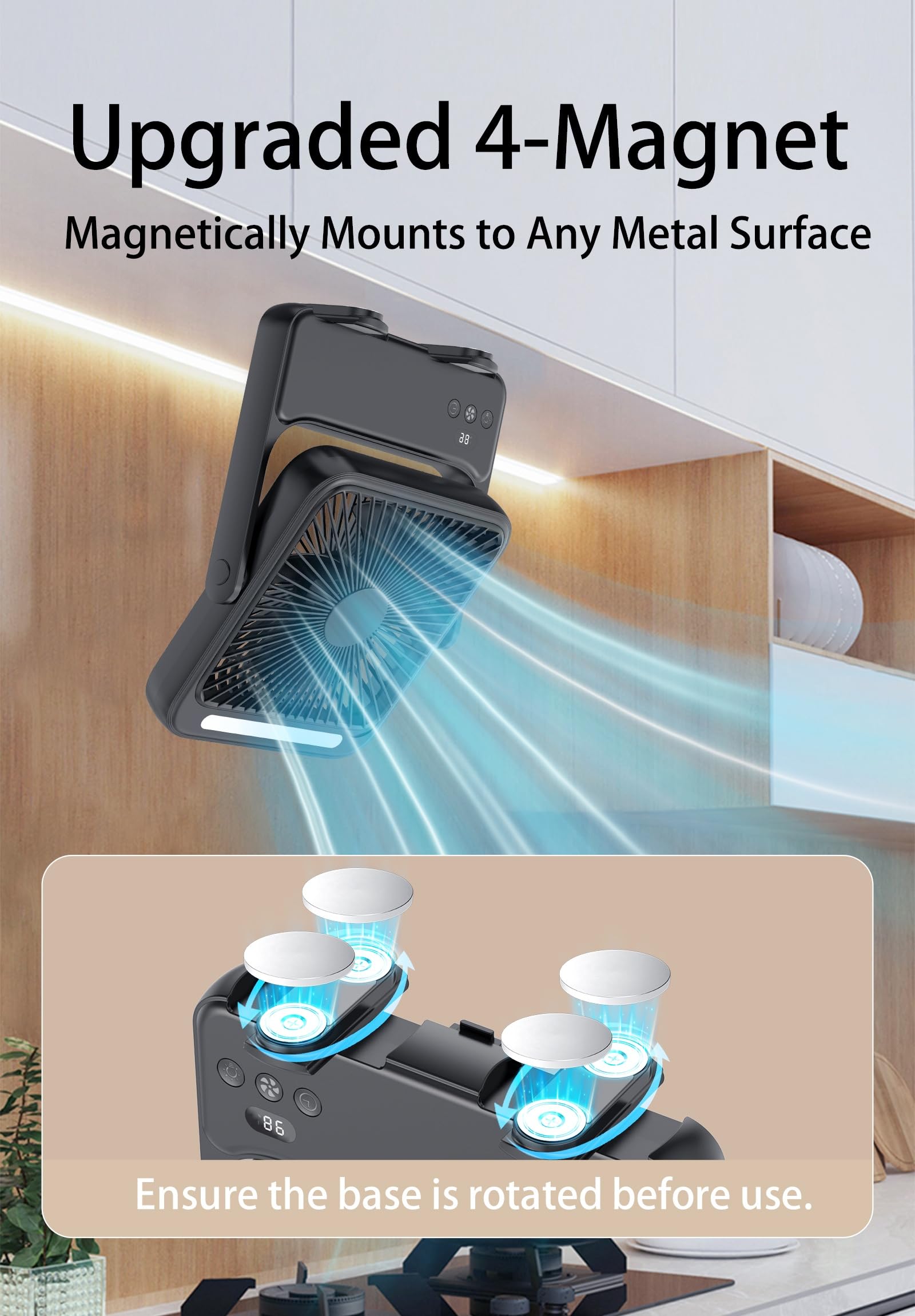 DRIFWIN magnetic-base setup demonstrates flexible placement on metal surfaces for steady airflow.