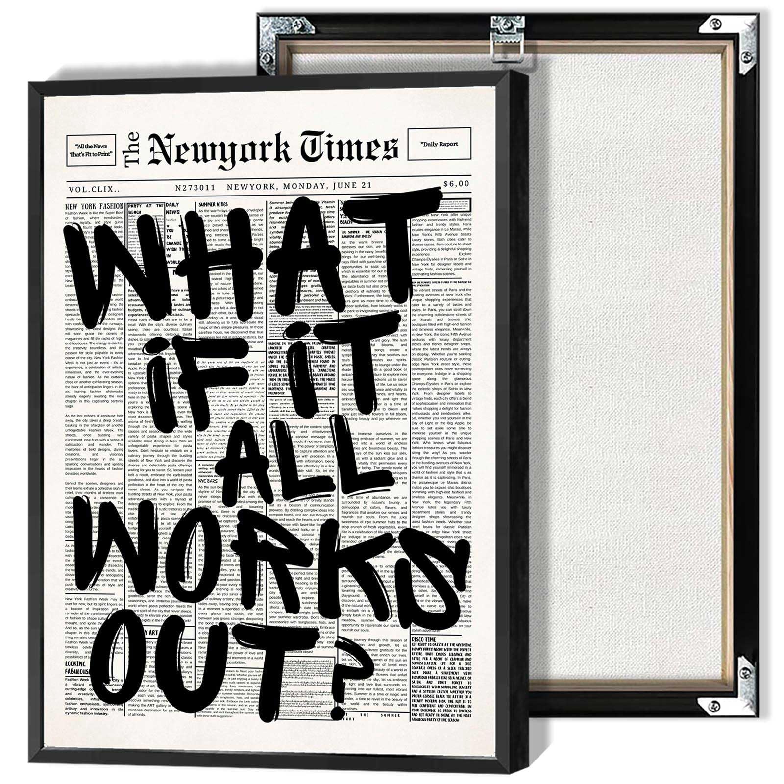Drimiler retro newspaper poster What If It All Works Out for a stylish minimalist living room.