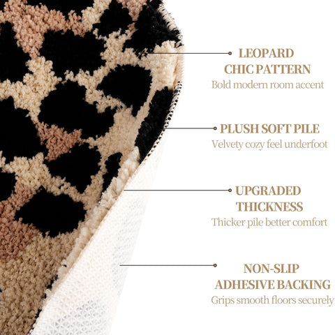 Leopard-print plush pile offers soft underfoot comfort in reading nooks and bedsides.