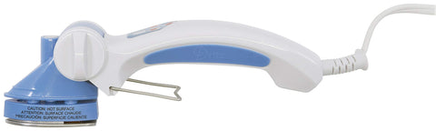 Dritz Petite Press portable mini iron, side view, shows four temperature settings for fabrics.