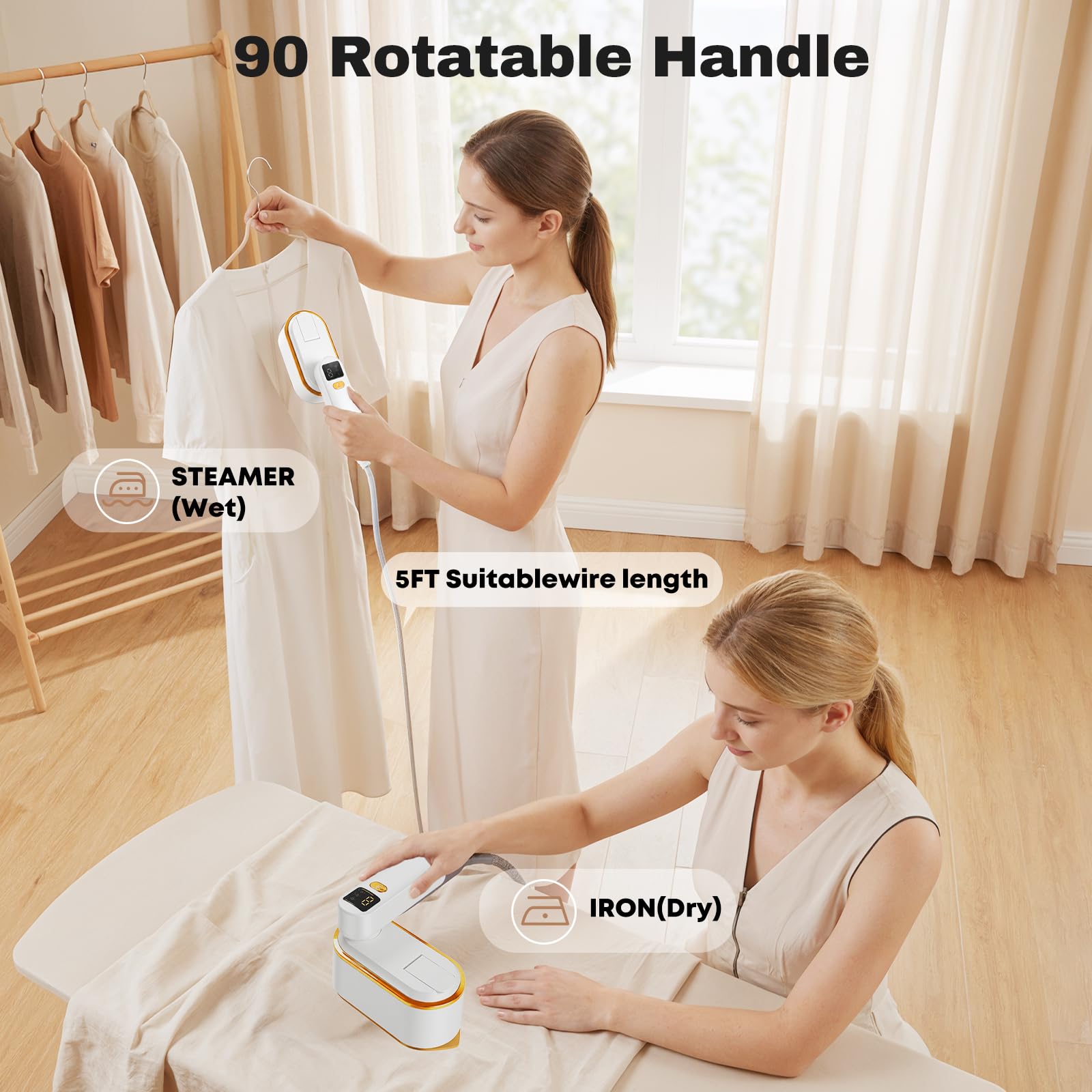 Droyek fabric care demo shows wrinkle reduction on multiple fabrics.