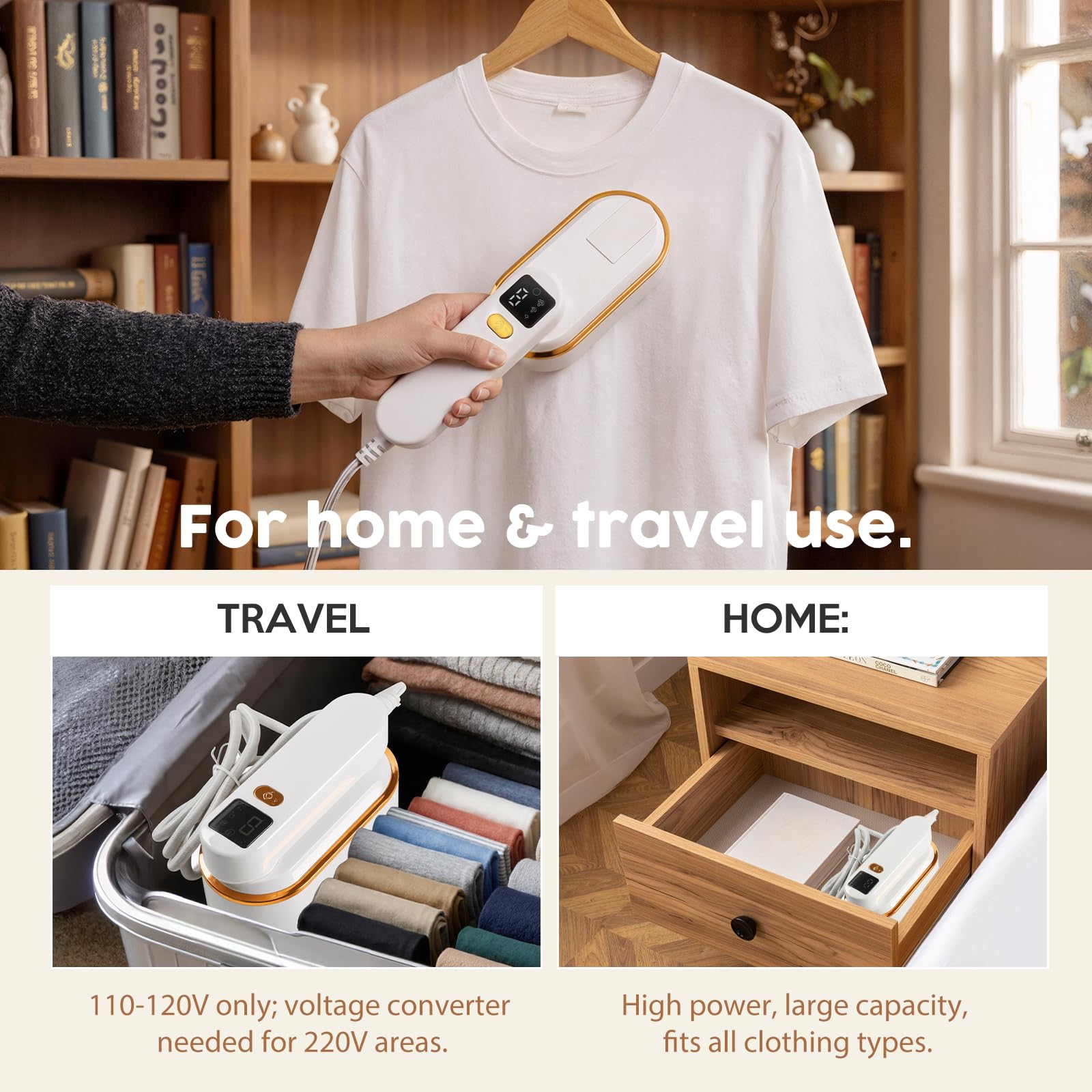 Droyek steamer tucked in luggage-friendly layout for travel readiness.