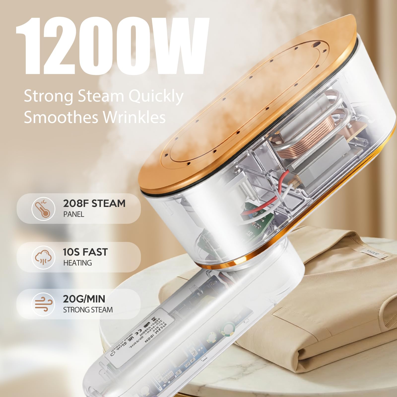 Droyek mode switch highlights easy dry iron and steam options.