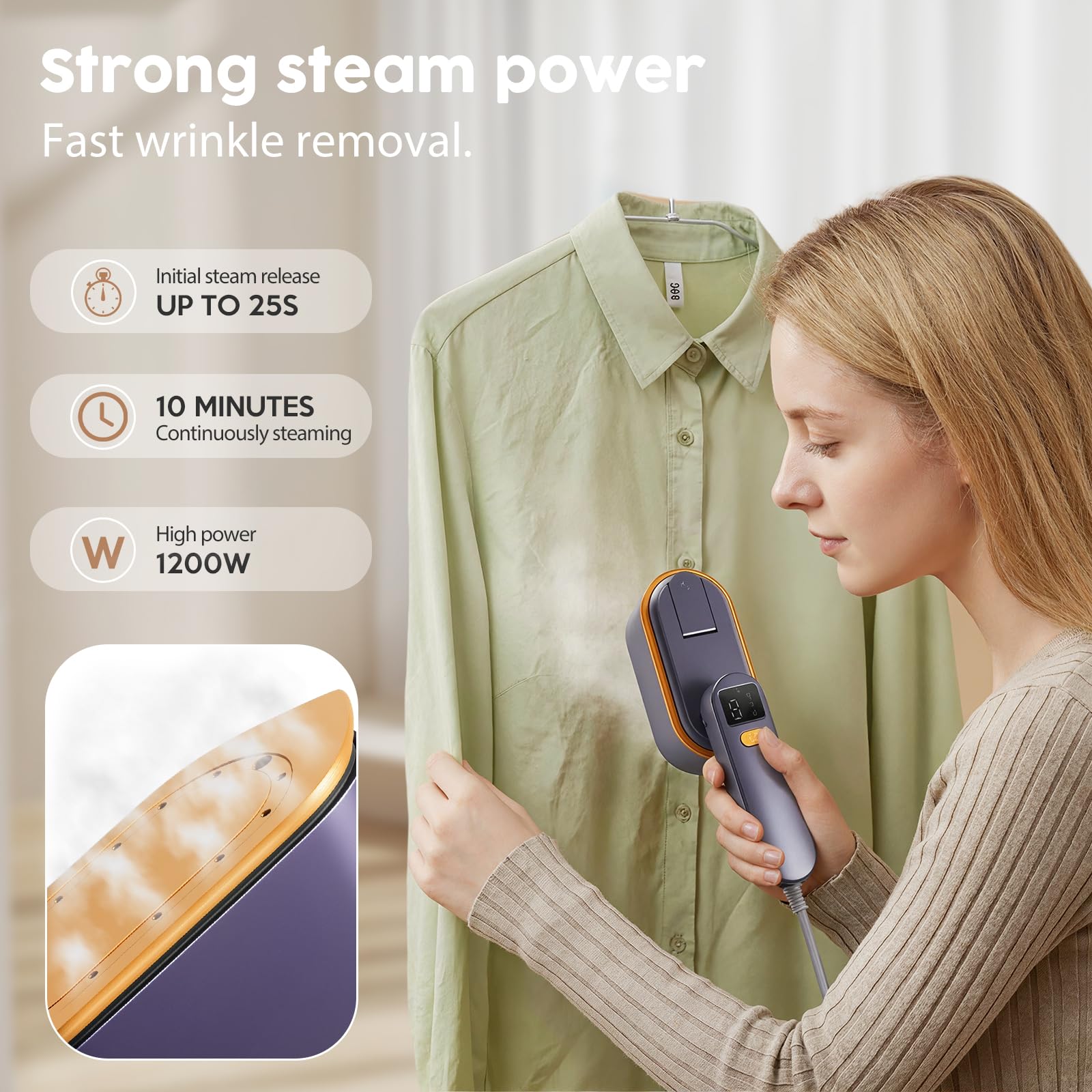 Droyek portable steamer activation for quick wrinkle removal.