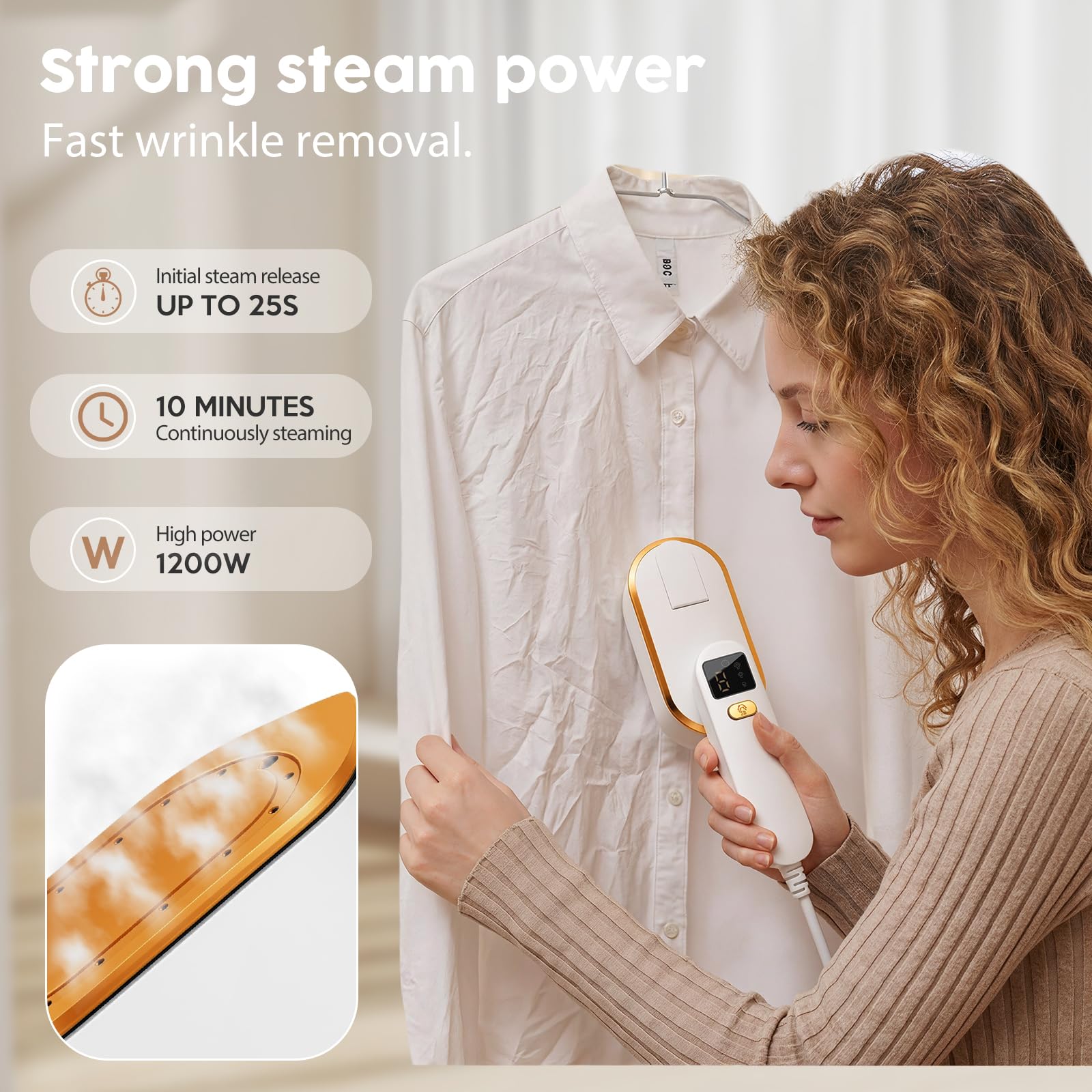 Droyek steam function close-up demonstrates powerful steam for wrinkles.