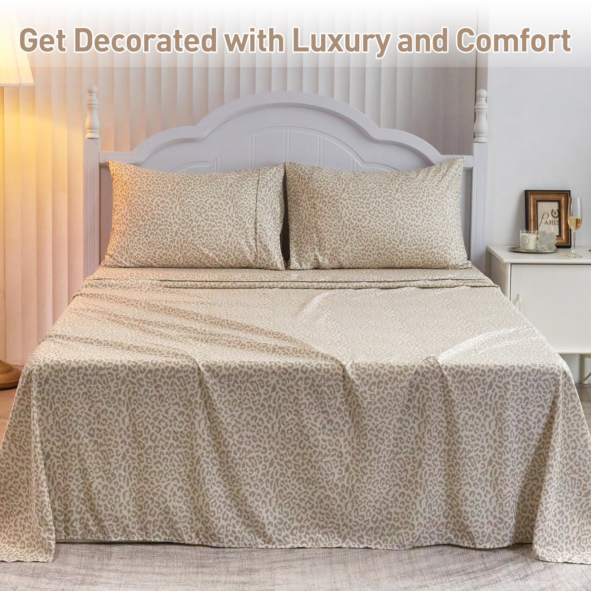 Drozeeo leopard-print queen sheet set enhances bedroom decor with neutral tones.