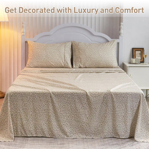 Drozeeo leopard-print queen sheet set enhances bedroom decor with neutral tones.