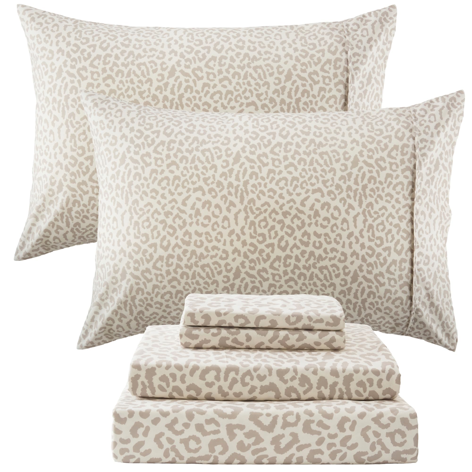 Drozeeo queen leopard sheets close-up in beige microfiber for breathable comfort.