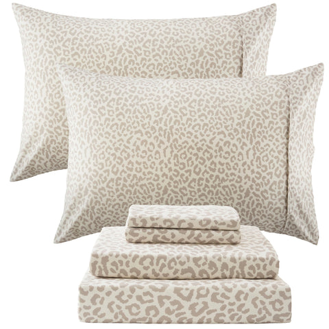 Drozeeo queen leopard sheets close-up in beige microfiber for breathable comfort.