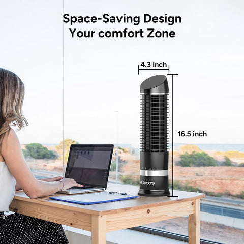 DR.PREPARE 16-inch tower fan side view highlighting compact footprint for small spaces