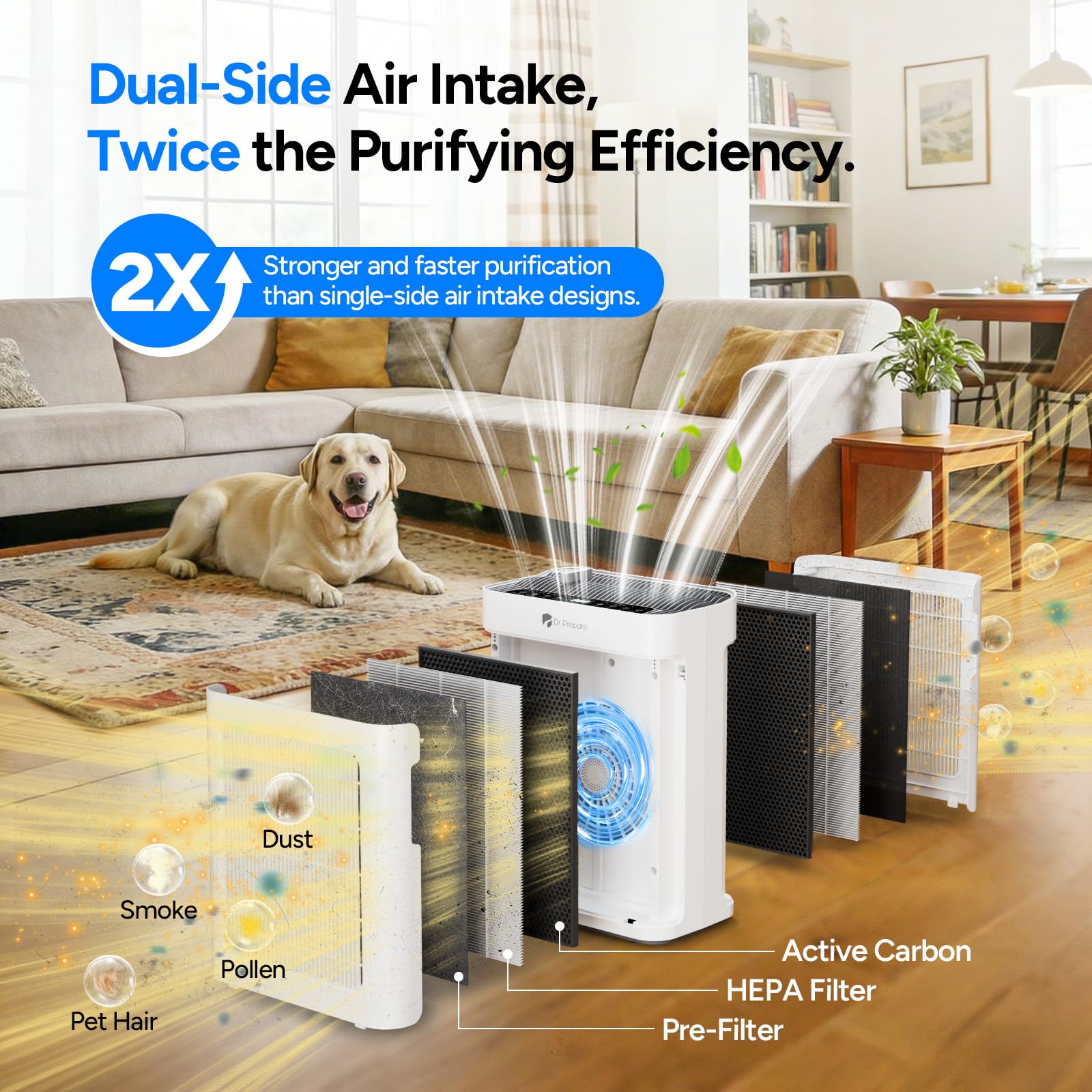DR.PREPARE air purifier double-sided inlet boosts airflow for quicker purification.