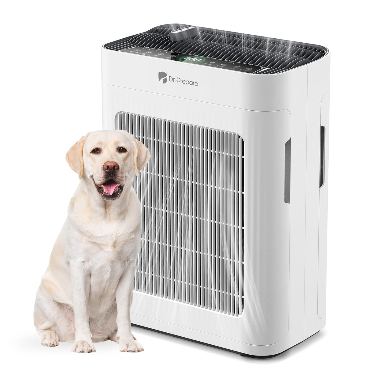 DR.PREPARE air purifier front view for large rooms with powerful intake.