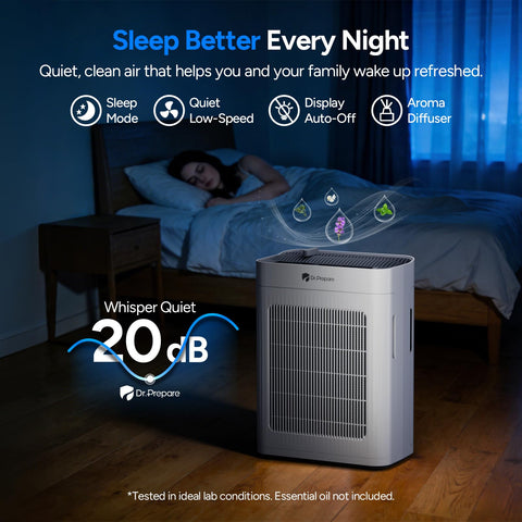 DR.PREPARE air purifier sleep mode operates quietly for restful nights.