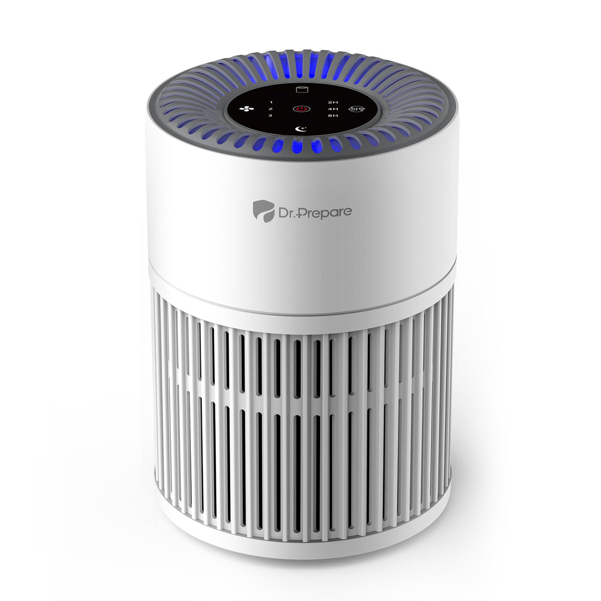 DR.PREPARE purifier in a bedroom showing the 360° inlet for faster air refresh