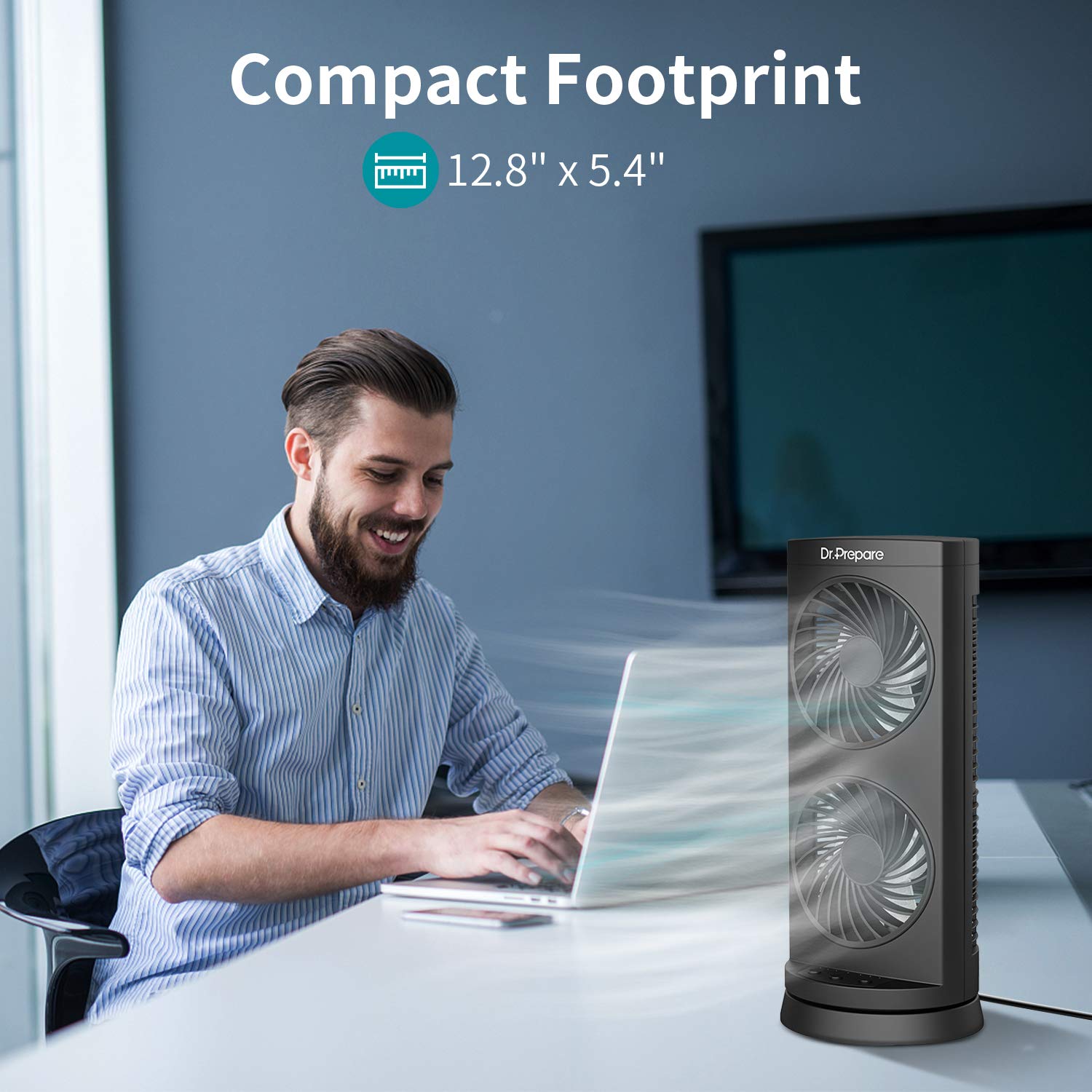 DR.PREPARE desk fan front view shows compact 13-inch tower design.